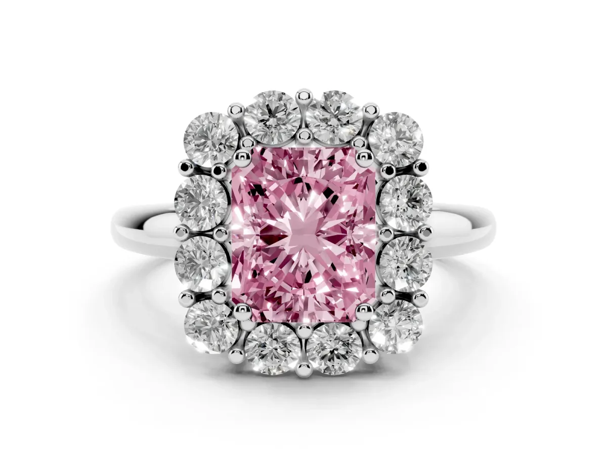 Fancy Pink Radiant Cut Diamond Halo Cluster Engagement Ring Set in White gold with Polished Band and Prong Setting