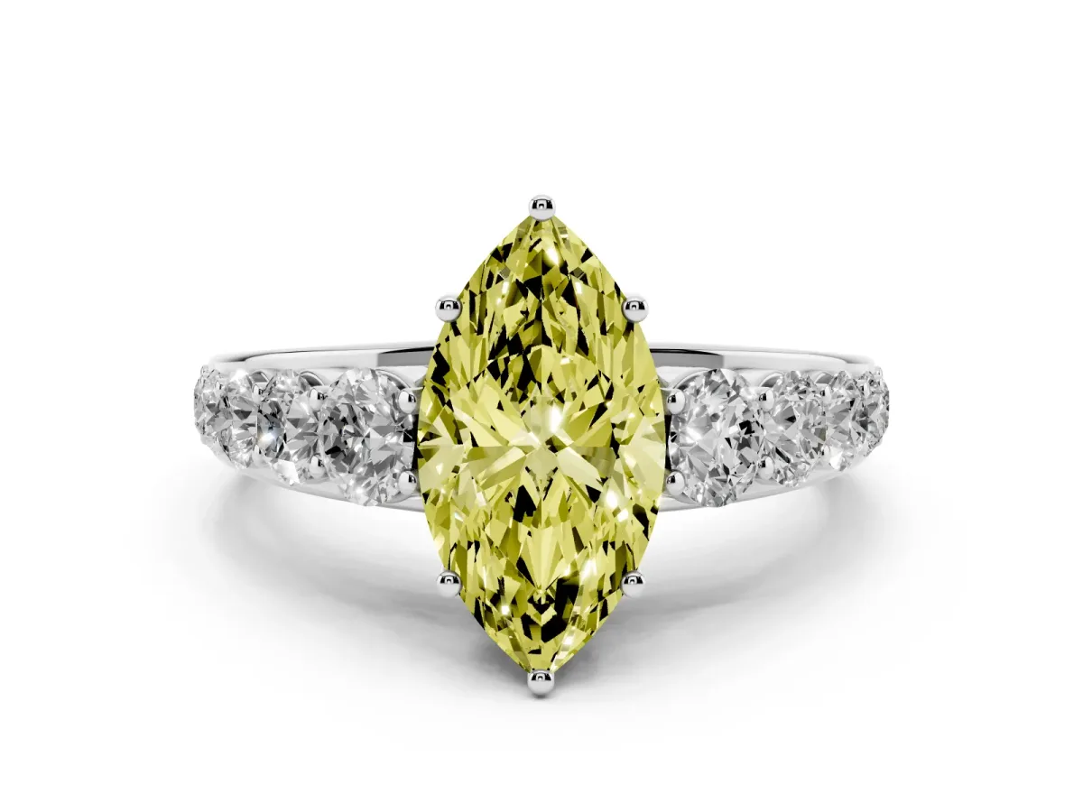 Fancy Yellow Marquise Cut Diamond Solitaire Ring Set in Silver with Pavé-Set Band and Prong Setting