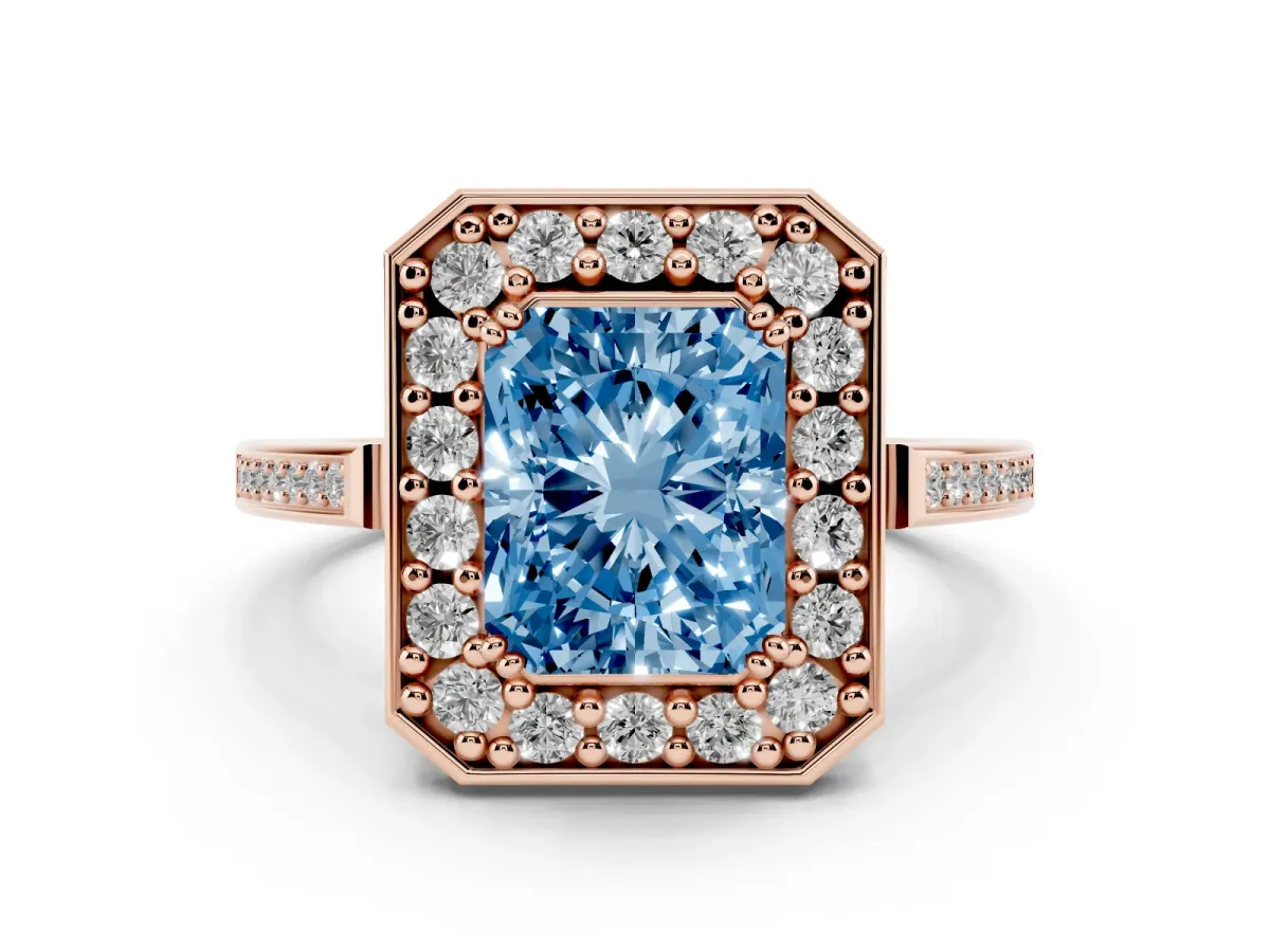 Fancy Blue Radiant Cut Diamond Halo Ring Set in Rose gold with Accent-Lined Split Shank and Prong Setting