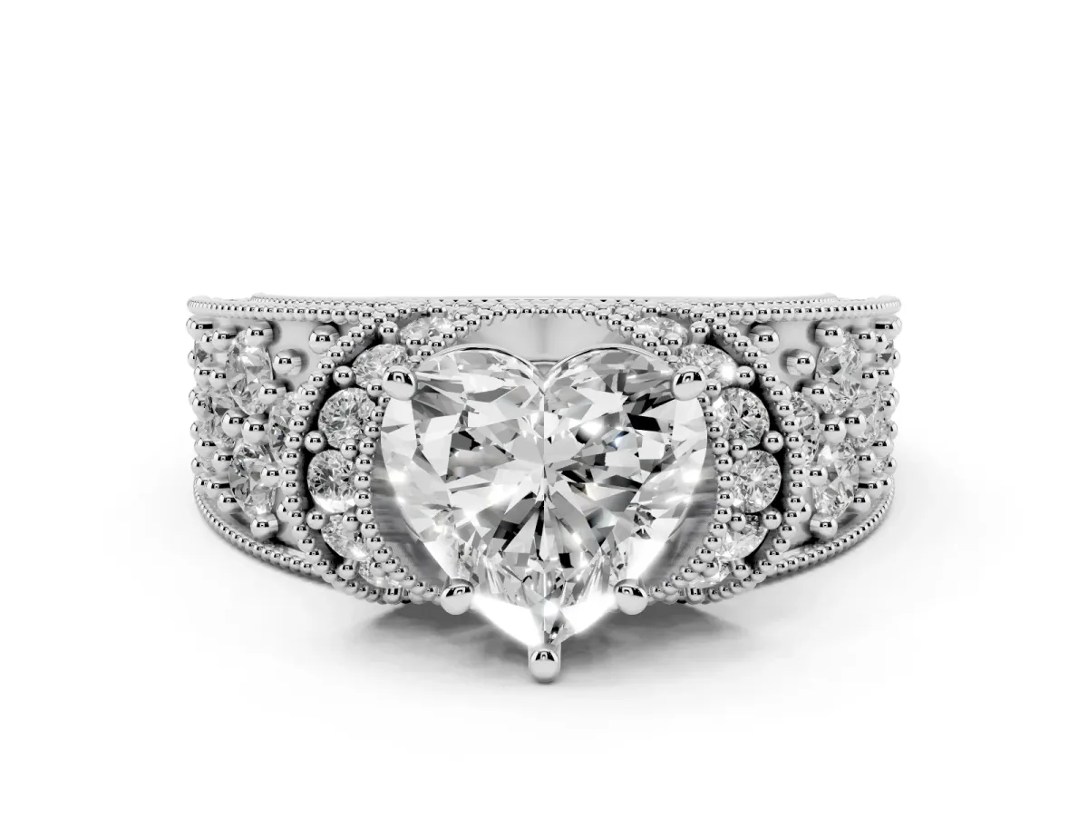 Heart Cut Diamond Milgrain Halo Pavé Engagement Ring Set in Platinum with Prong Setting