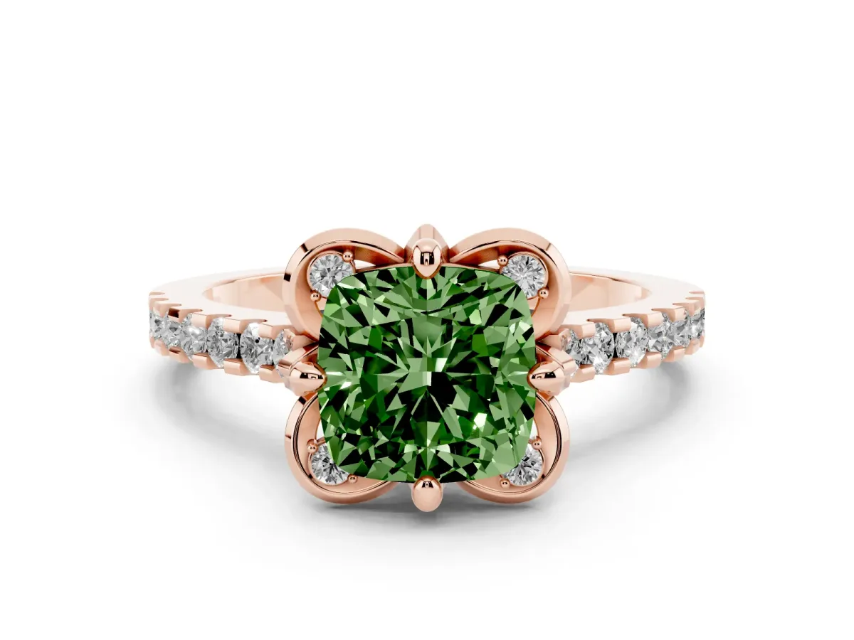Fancy Green Cushion Cut Diamond Solitaire Ring Set in Rose gold with Pavé Band and Floral Prong Setting