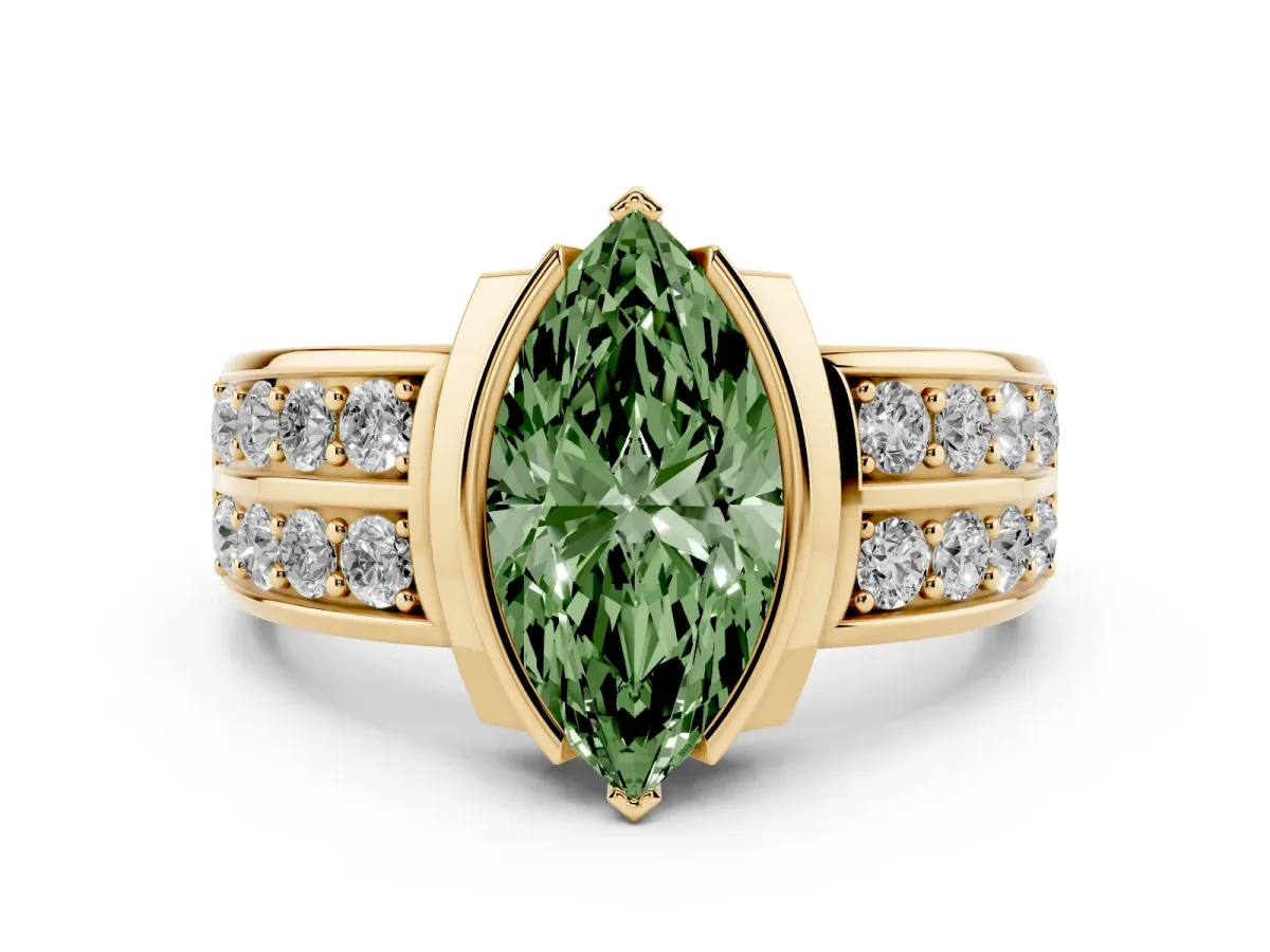 Fancy Green Marquise Cut Diamond Wide Channel Set Band Ring Set in Yellow gold with Bezel Setting