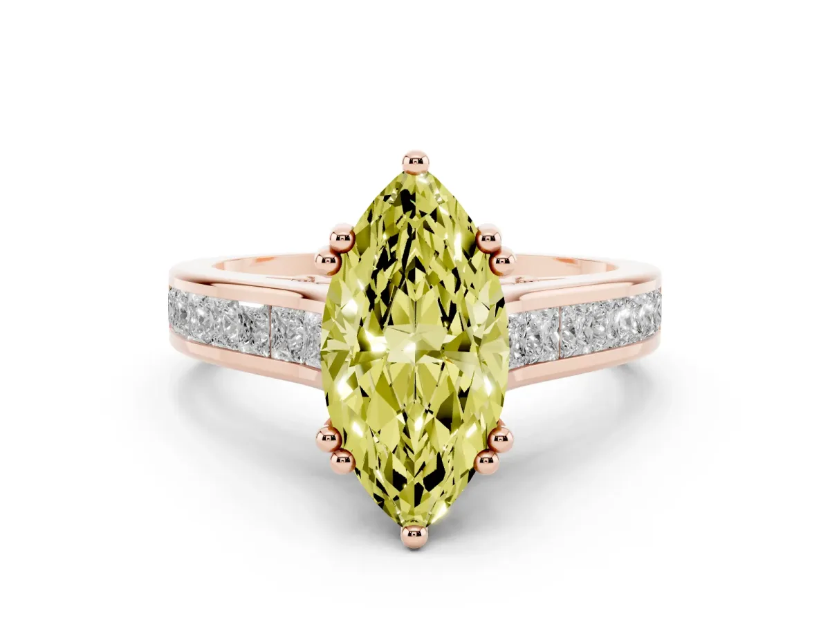 Fancy Yellow Marquise Cut Diamond Channel Set Solitaire Engagement Ring Set in Rose gold with Prong Setting