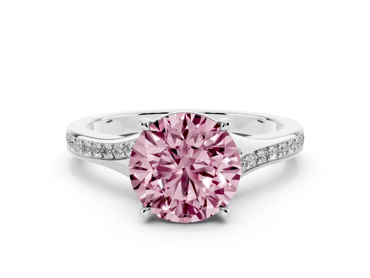 Fancy Pink Round Cut Diamond Solitaire Ring Set in Platinum with Pavé Accent Band and Classic Prong Setting