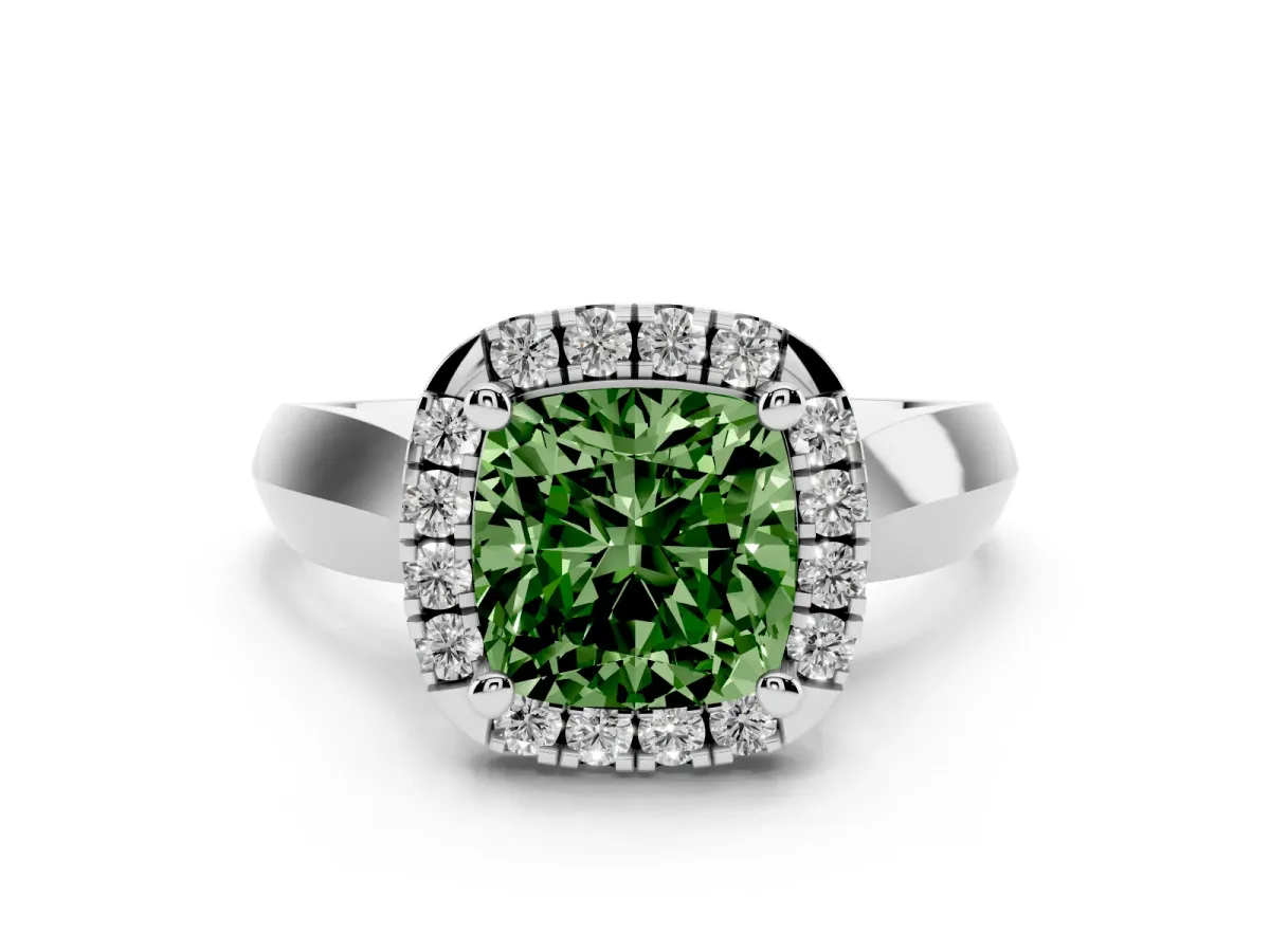 Fancy Green Cushion Cut Diamond Halo Solitaire Engagement Ring Set in White gold with Square Band and Prong Setting