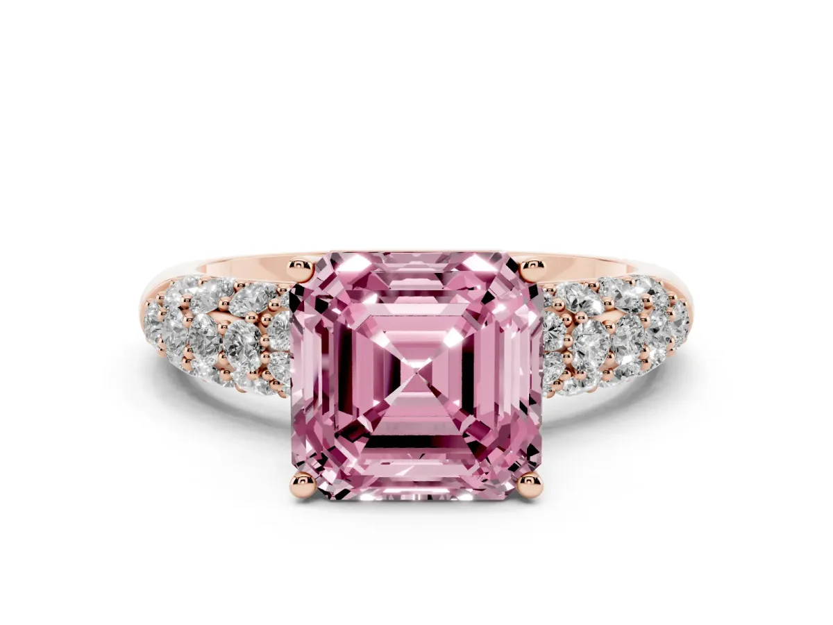 Fancy Pink Asscher Cut Diamond Pavé Band Solitaire Ring Set in Rose gold with Close-Set Accent Stones and Prong Setting