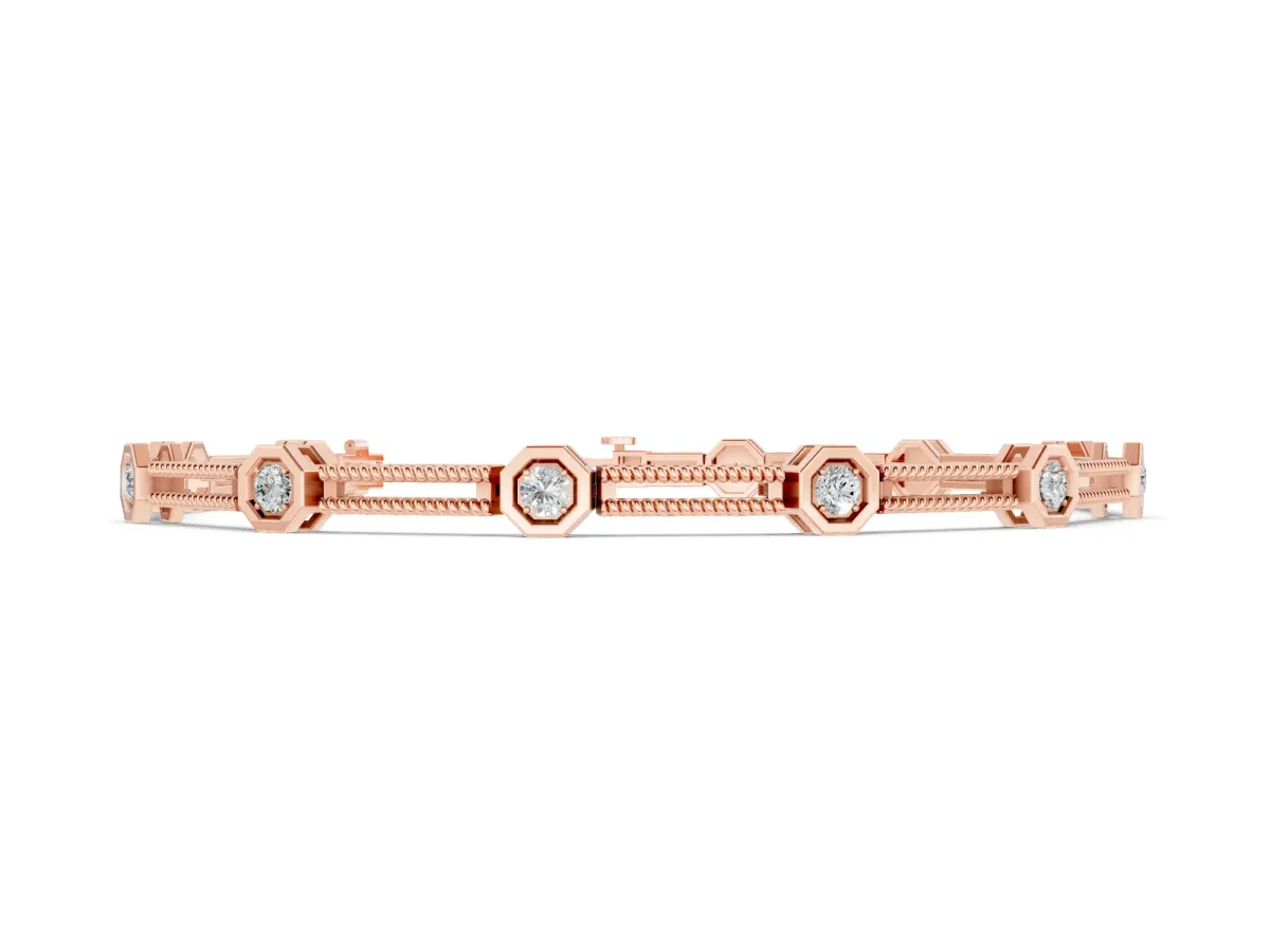 Round Diamond Hexagon Bezel Tennis Bracelet Set in Rose gold with Double Rope Band
