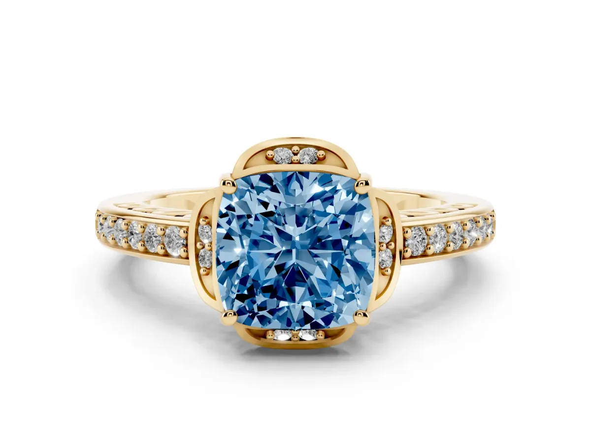 Fancy Blue Cushion Cut Diamond Halo Ring Set in Yellow gold with Channel Set Band and Prong Setting