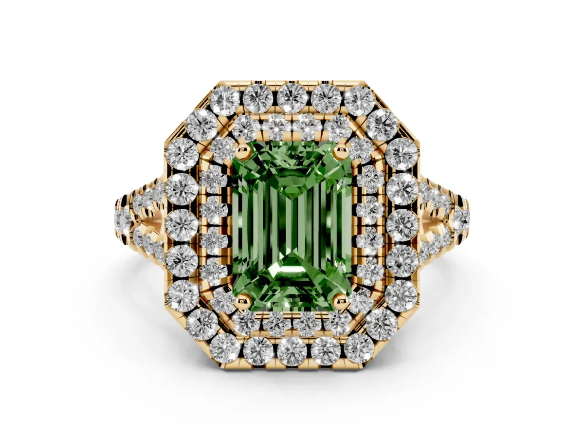Fancy Green Emerald Cut Diamond Double Halo Ring Set in Yellow gold with Pavé Split Shank and Prong Setting