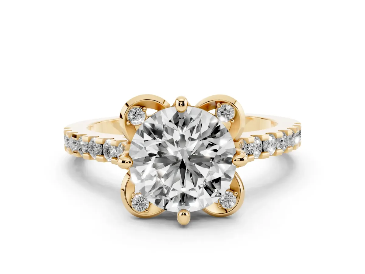 Round Cut Diamond Solitaire Ring Set in Yellow gold with Pavé Band and Floral Prong Setting