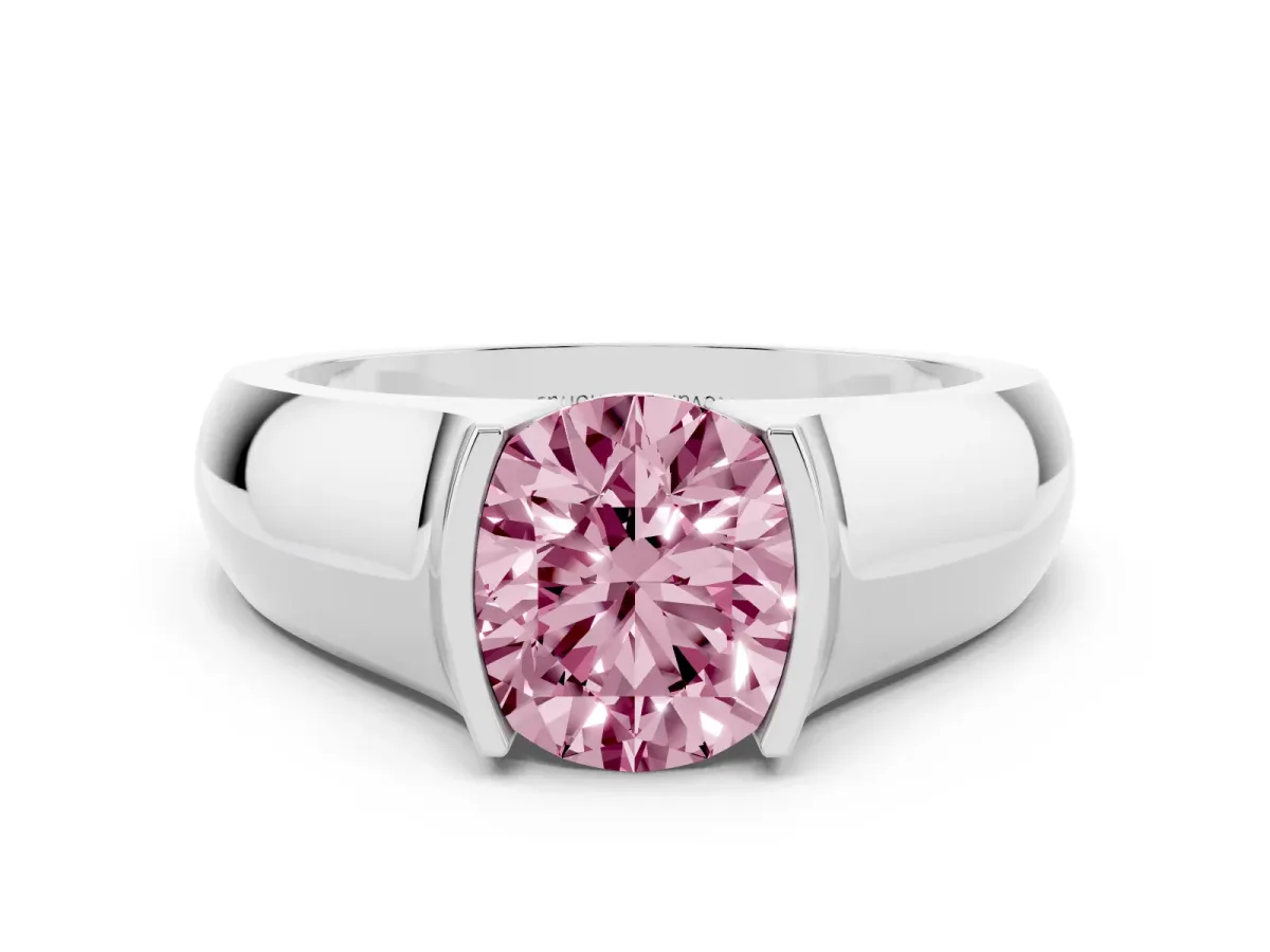 Fancy Pink Round Cut Diamond Bezel Solitaire Ring Set in White gold with Wide Band