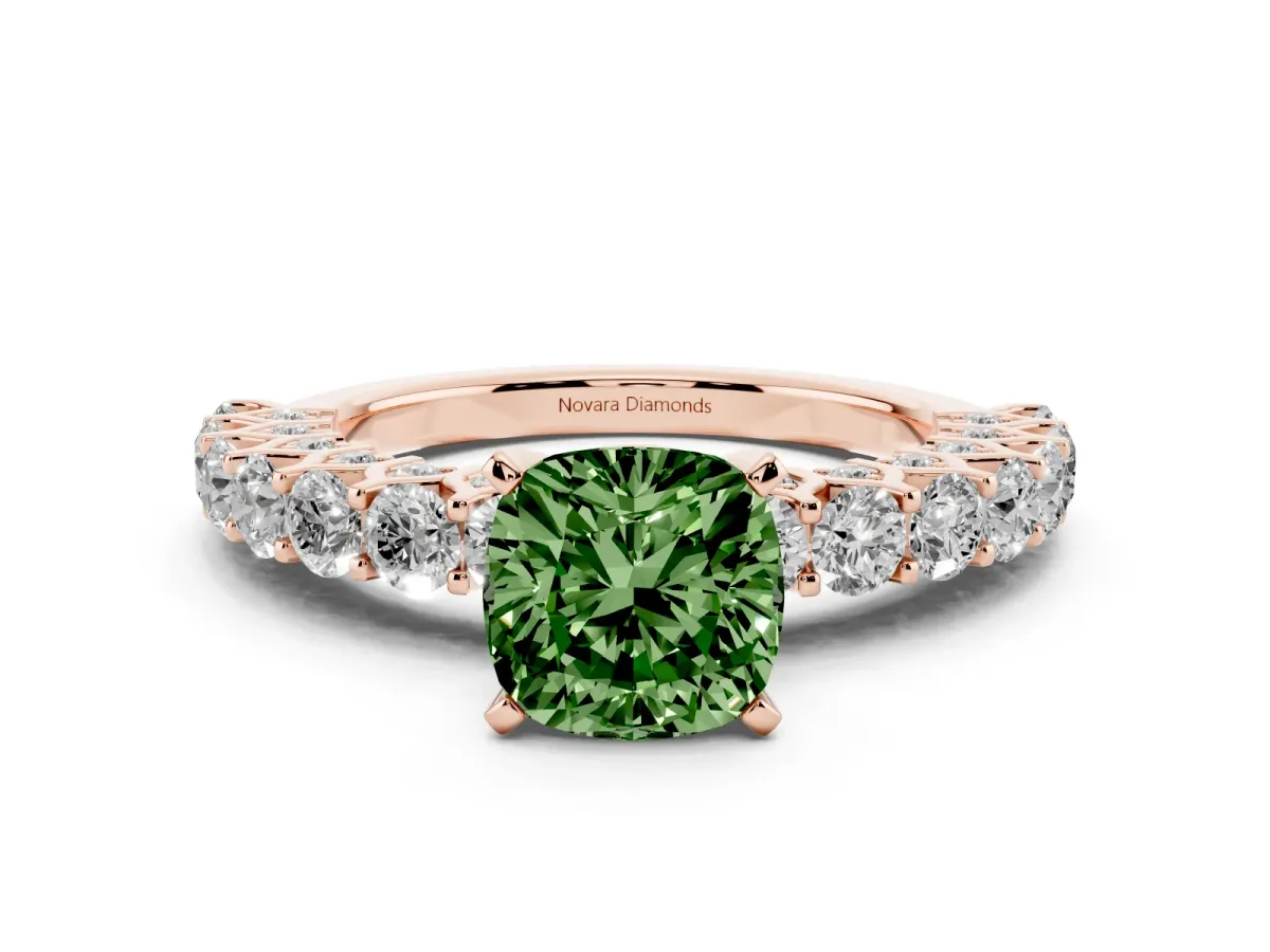 Fancy Green Cushion Cut Diamond Solitaire Ring Set in Rose gold with Shared Prong Pavé Band