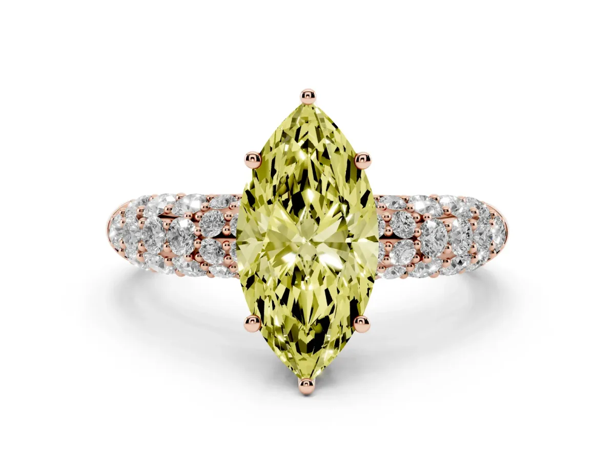 Fancy Yellow Marquise Cut Diamond Pavé Band Solitaire Ring Set in Rose gold with Close-Set Accent Stones and Prong Setting
