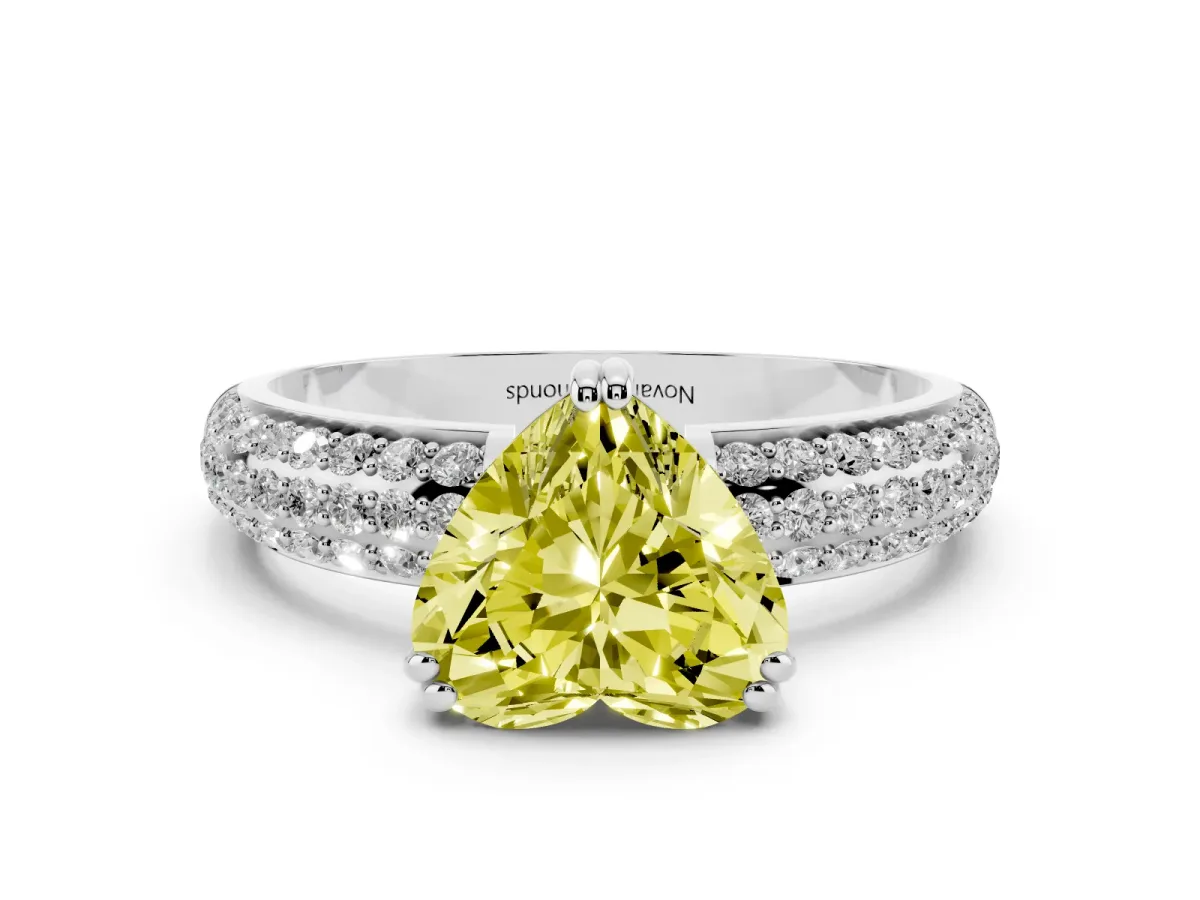 Fancy Yellow Heart Cut Diamond Solitaire Ring Set in Platinum with Multi-Row Round Pavé Band and Prong Setting