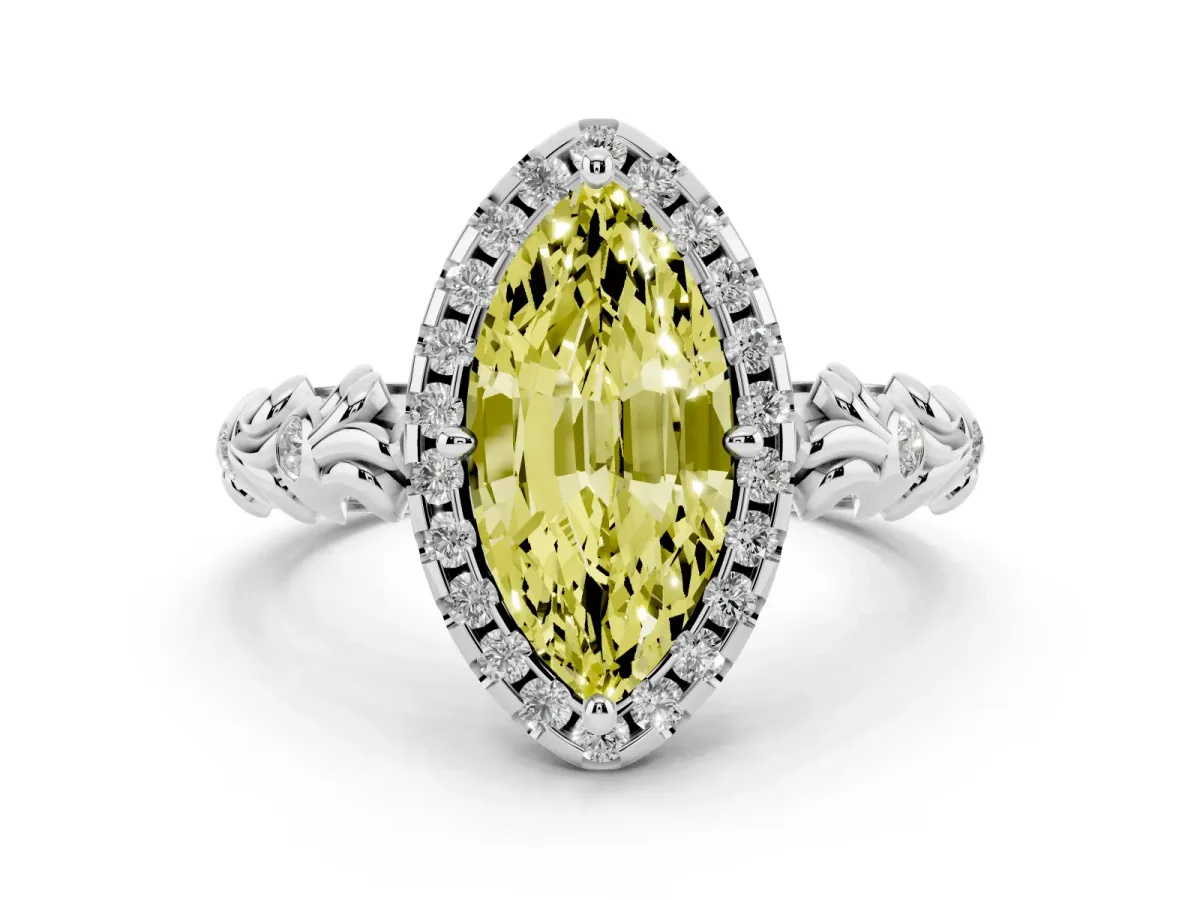 Fancy Yellow Marquise Cut Diamond Halo Ring Set in Silver with Filigree Leaf Band and Prong Setting