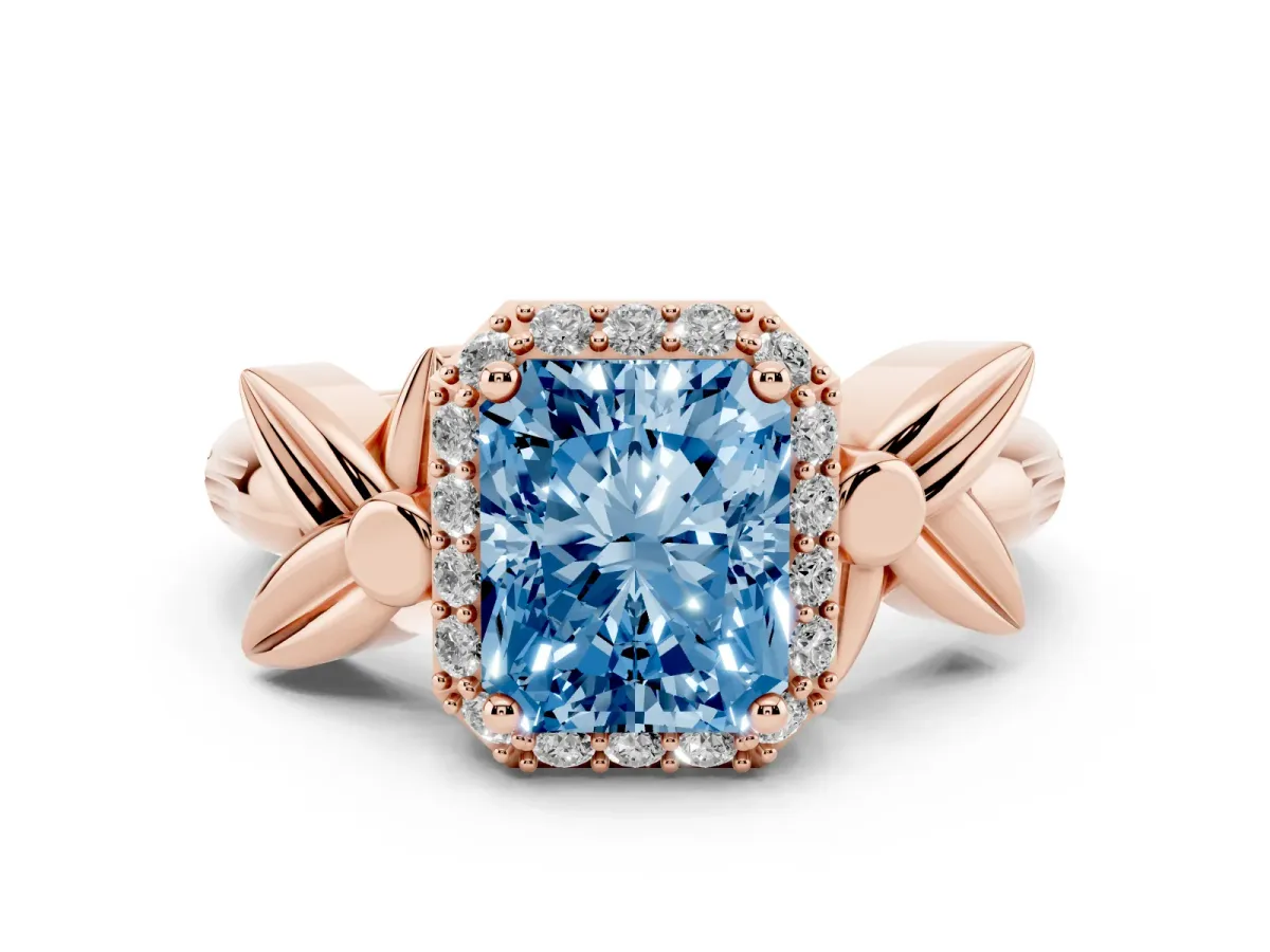 Fancy Blue Radiant Cut Diamond Halo Floral Band Ring Set in Rose gold with Prong Setting