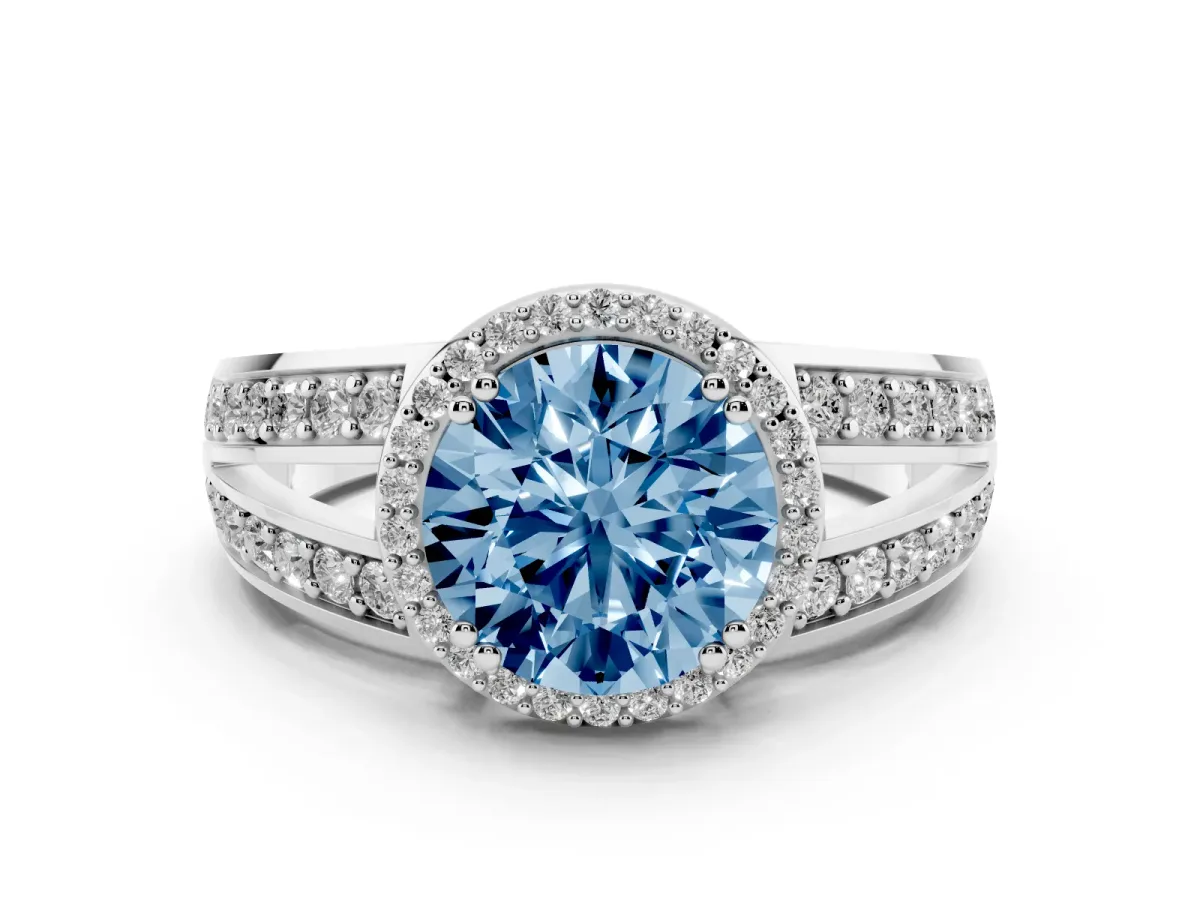 Fancy Blue Round Cut Diamond Halo Ring Set in Silver with Double Pavé Split Shank