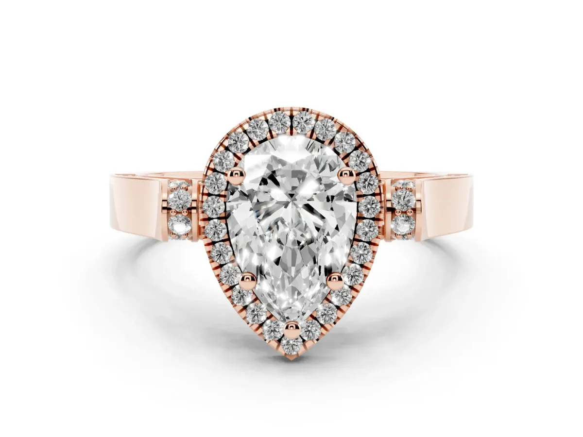Pear Cut Diamond Halo Ring Set in Rose gold with Pavé-Lined Split Shank Band
