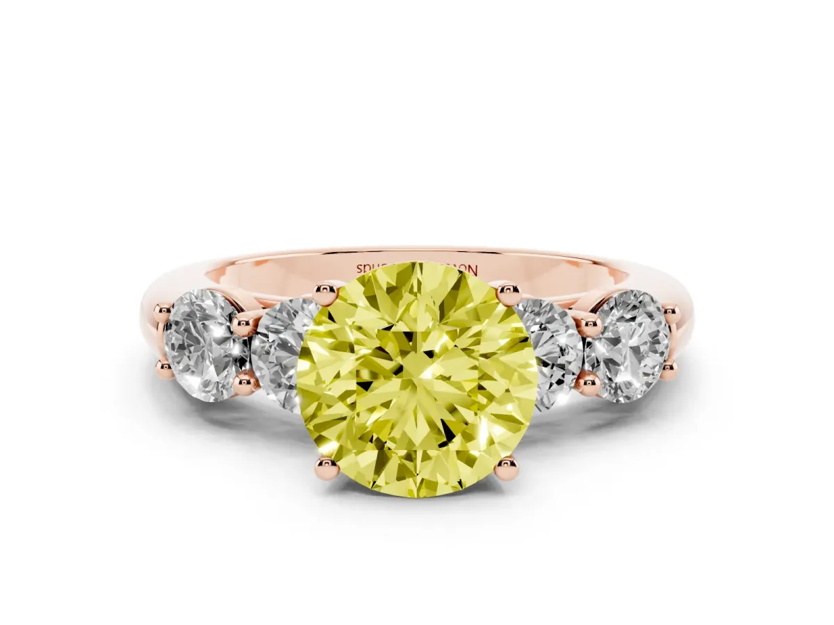 Fancy Yellow Round Cut Diamond Five-Stone Prong Set Ring Set in Rose gold with Classic Band