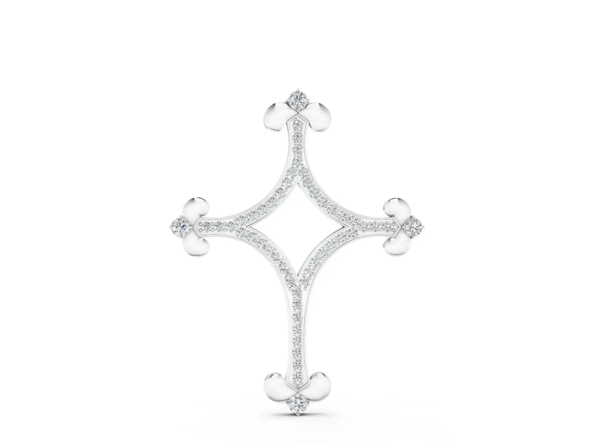 Pavé Diamond Cushion Cross Pendant Set in Silver with Fleur-de-Lis Prongs