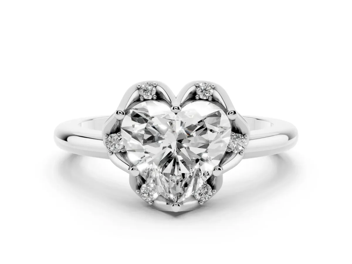 Heart Cut Diamond Round Cluster Halo Ring Set in White gold with Solitaire Band and Prong Setting