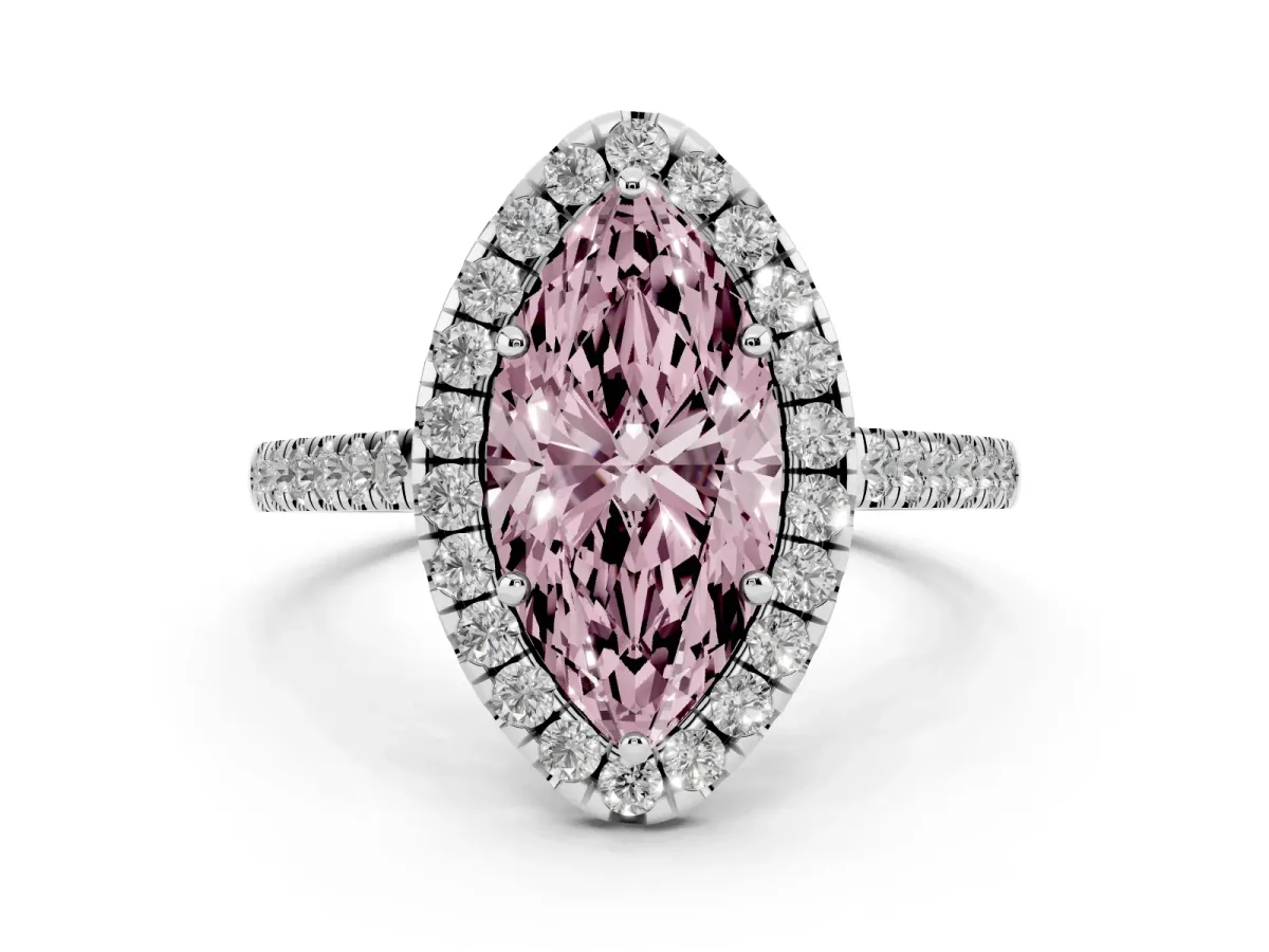Fancy Pink Marquise Cut Diamond Halo Pavé Engagement Ring Set in Platinum with Prong Setting