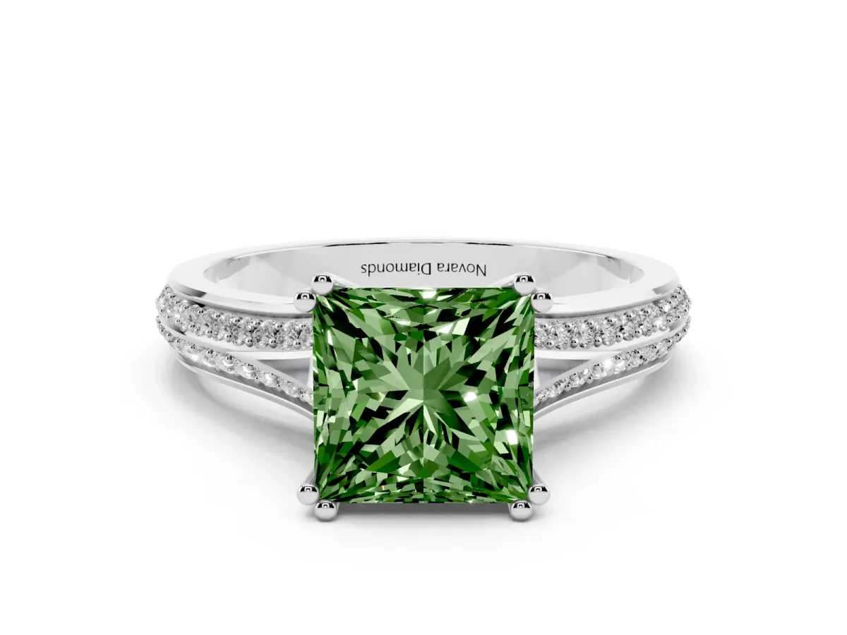 Fancy Green Princess Cut Diamond Split Shank Pavé Engagement Ring Set in Silver with Prong-Set Center Stone