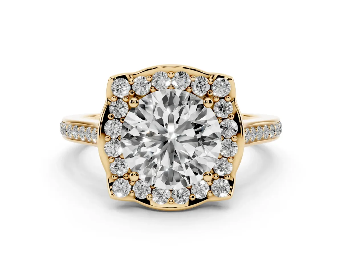 Round Cut Diamond Halo Ring Set in Yellow gold with Pavé-Lined Shoulders and Prong Setting