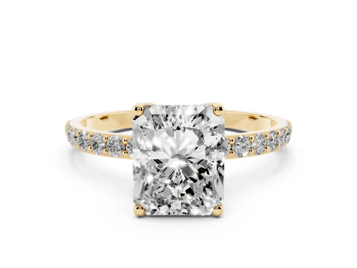 Radiant Cut Diamond Solitaire Engagement Ring Set in Yellow gold with Round Pavé Band and Prong Setting