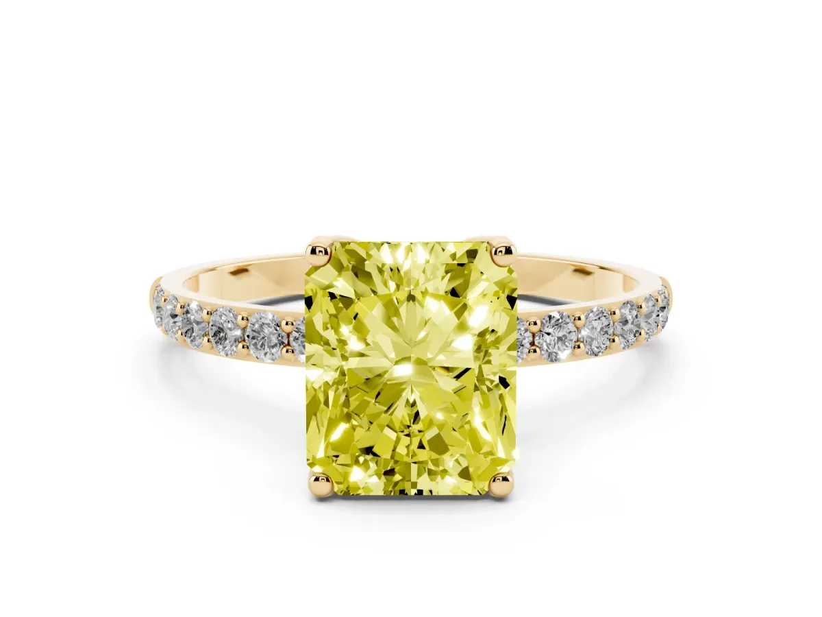 Fancy Yellow Radiant Cut Diamond Solitaire Engagement Ring Set in Yellow gold with Round Pavé Band and Prong Setting