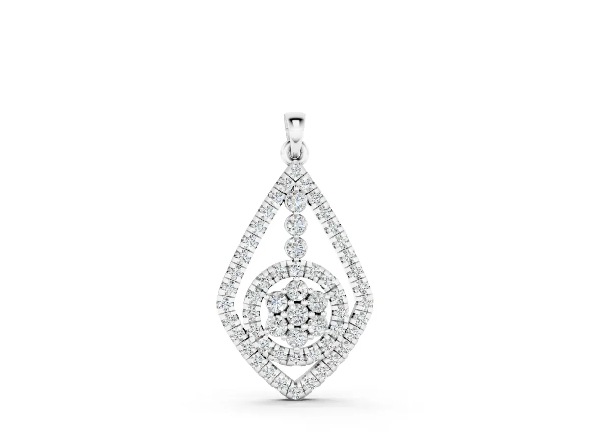 Pear-Shape Diamond Halo Pendant Set in White gold with Pavé Frame and Cluster Center