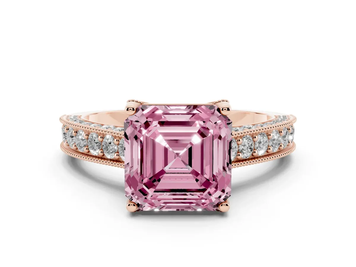 Fancy Pink Asscher Cut Diamond Solitaire Ring Set in Rose gold with Milgrain-Edged Pavé Band and Prong Setting