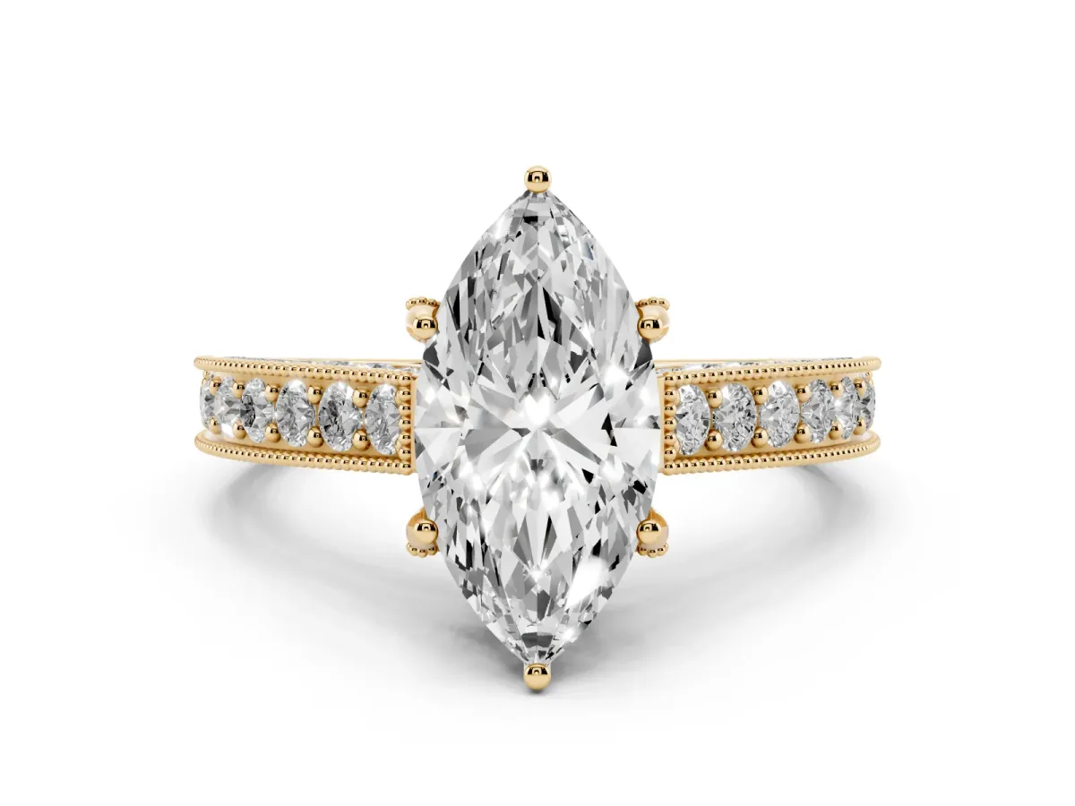Marquise Cut Diamond Solitaire Ring Set in Yellow gold with Milgrain-Edged Pavé Band and Prong Setting