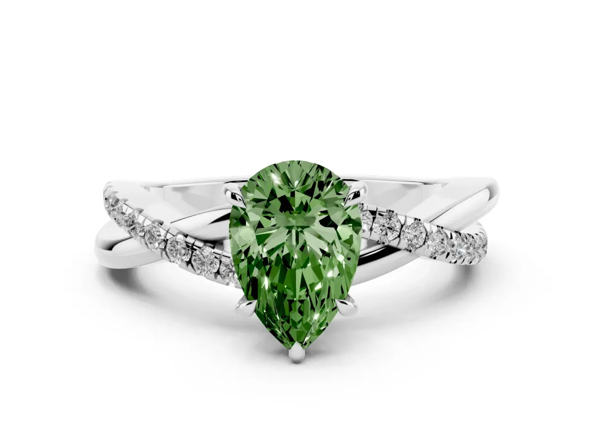 Fancy Green Pear Cut Diamond Twisted Pavé Band Ring Set in Platinum with Prong Setting