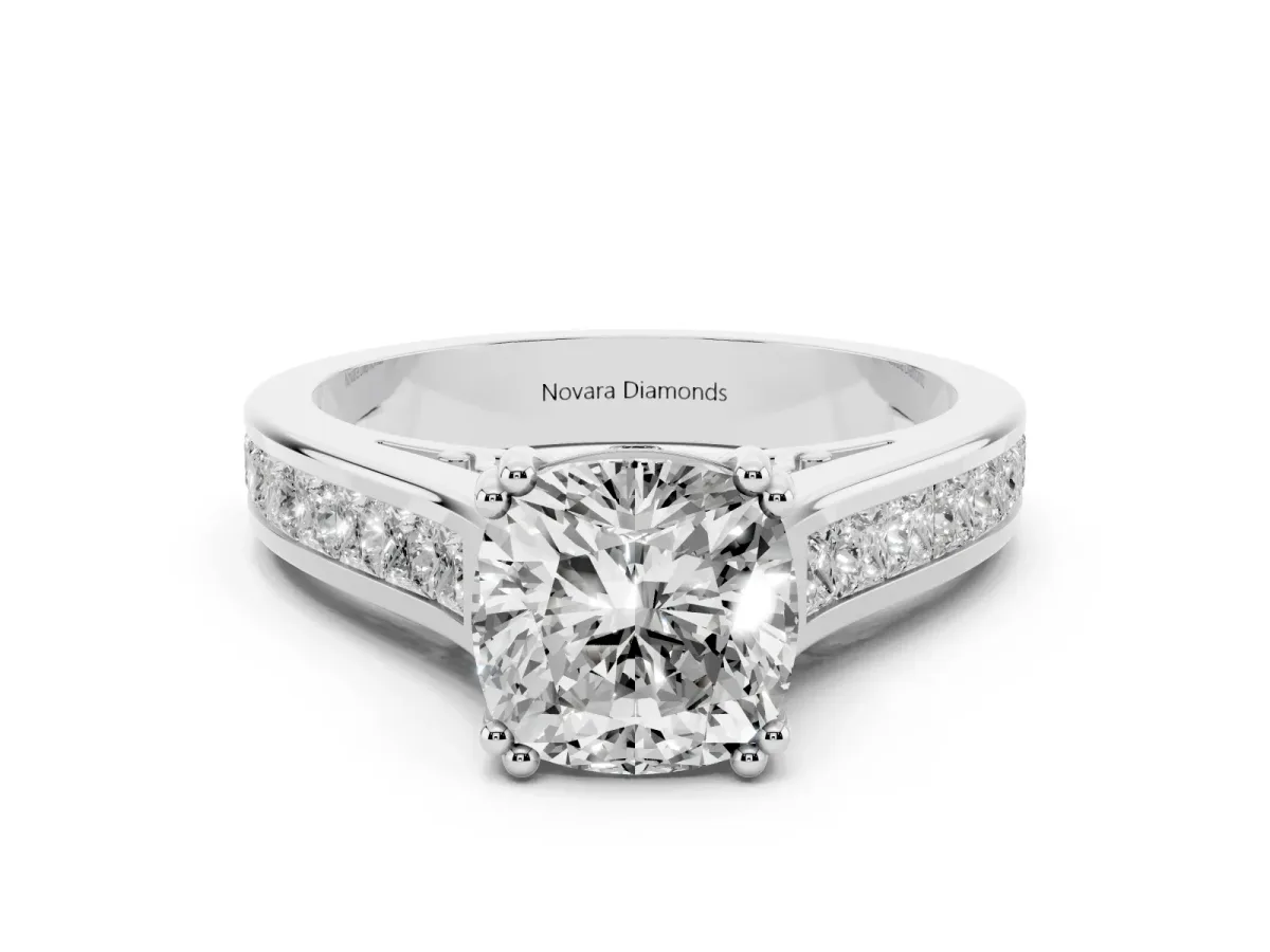 Cushion Cut Diamond Channel Set Solitaire Engagement Ring Set in White gold with Prong Setting
