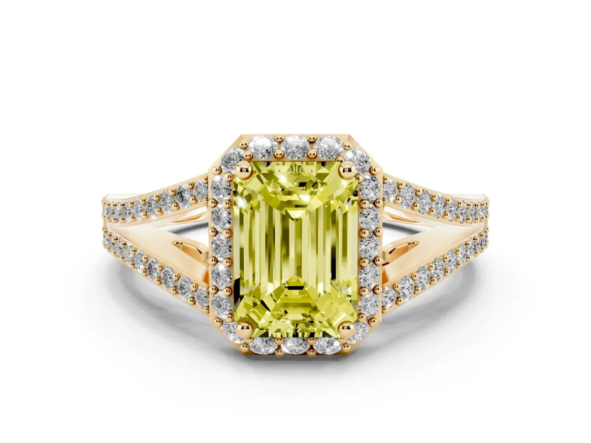 Fancy Yellow Emerald Cut Diamond Halo Split Shank Pavé Ring Set in Yellow gold with Prong Setting