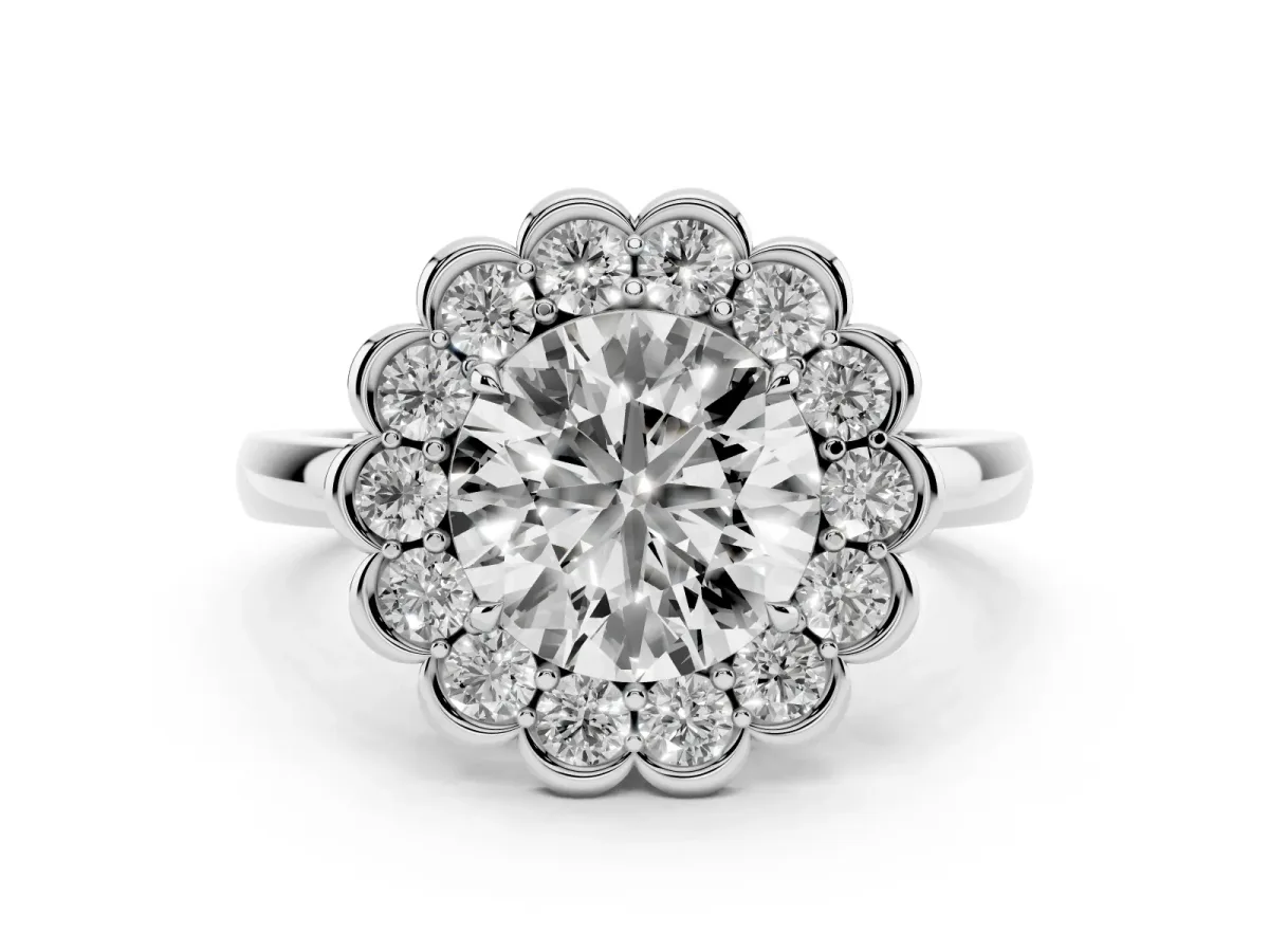 Round Cut Diamond Halo Cluster Engagement Ring Set in White gold with Solitaire Band and Prong Setting