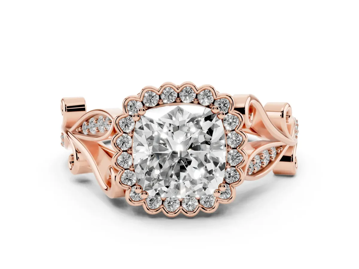 Cushion Cut Diamond Halo Ring Set in Rose gold with Leaf Motif Split Shank and Prong Setting