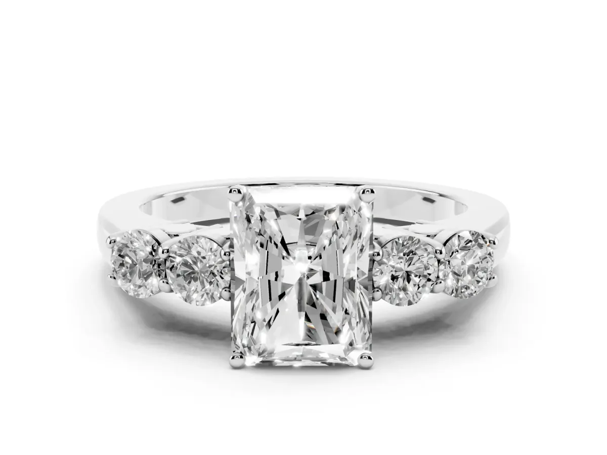 Radiant Cut Diamond Five-Stone Prong Set Band Ring Set in White gold with Polished Band