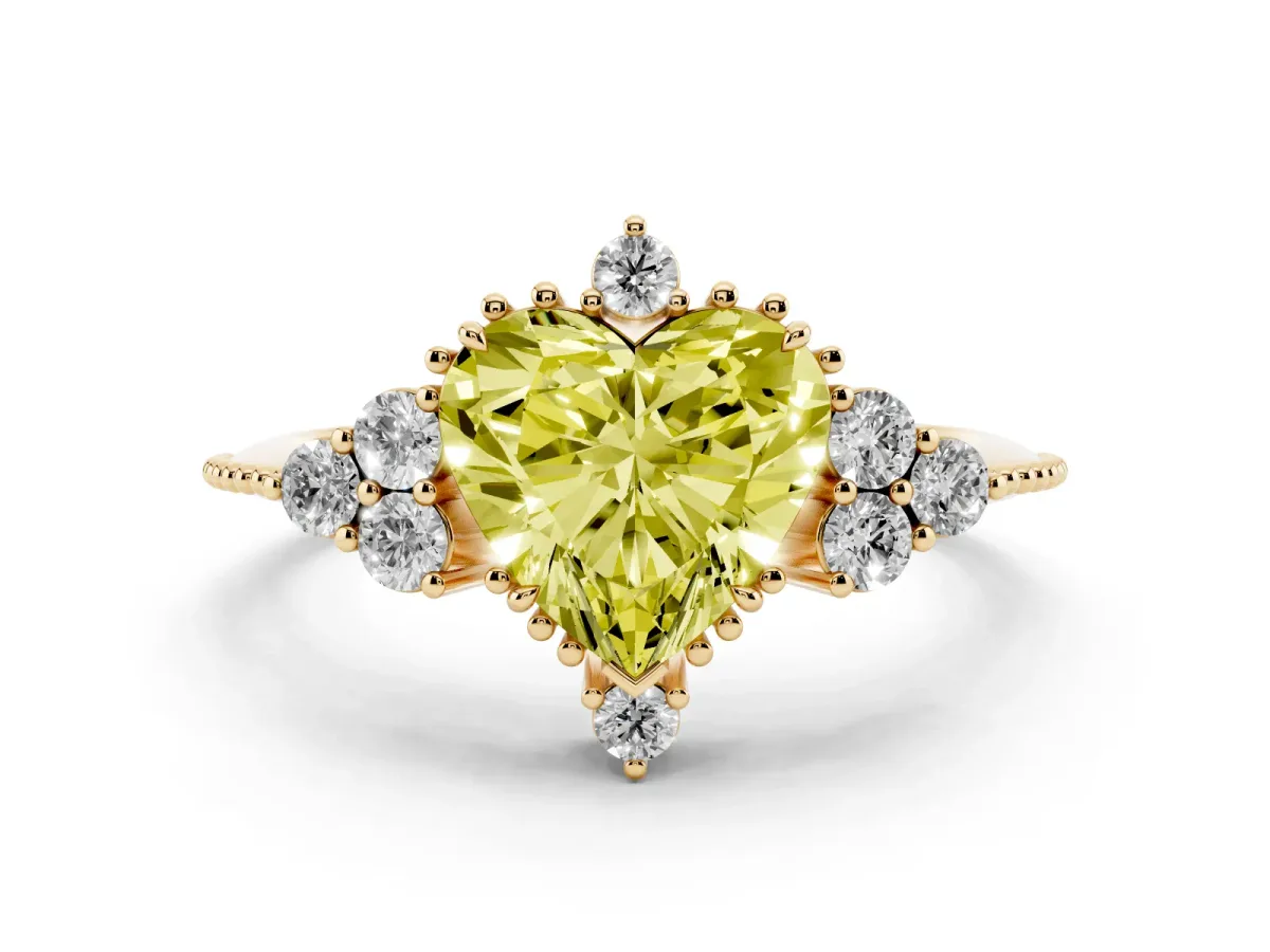Fancy Yellow Heart Cut Diamond Cluster Ring Set in Yellow gold with Beaded Band