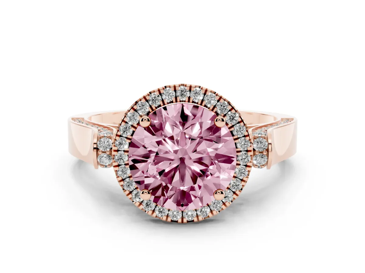 Fancy Pink Round Cut Diamond Halo Ring Set in Rose gold with Pavé-Lined Split Shank Band