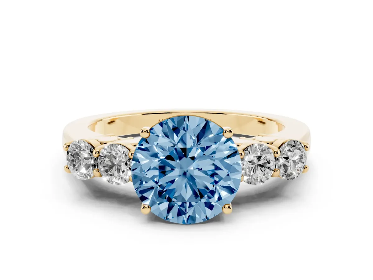 Fancy Blue Round Cut Diamond Five-Stone Prong Set Band Ring Set in Yellow gold with Polished Band