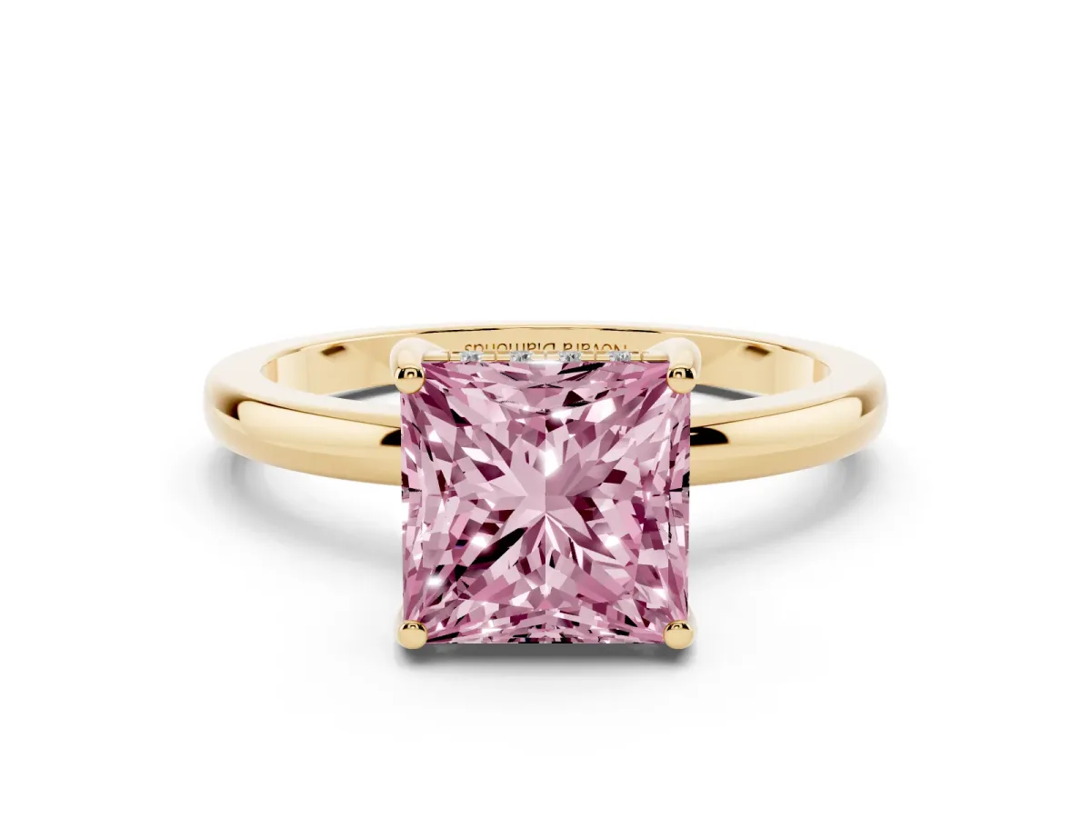 Fancy Pink Princess Cut Diamond Solitaire Ring Set in Yellow gold with Plain Band and Prong Setting