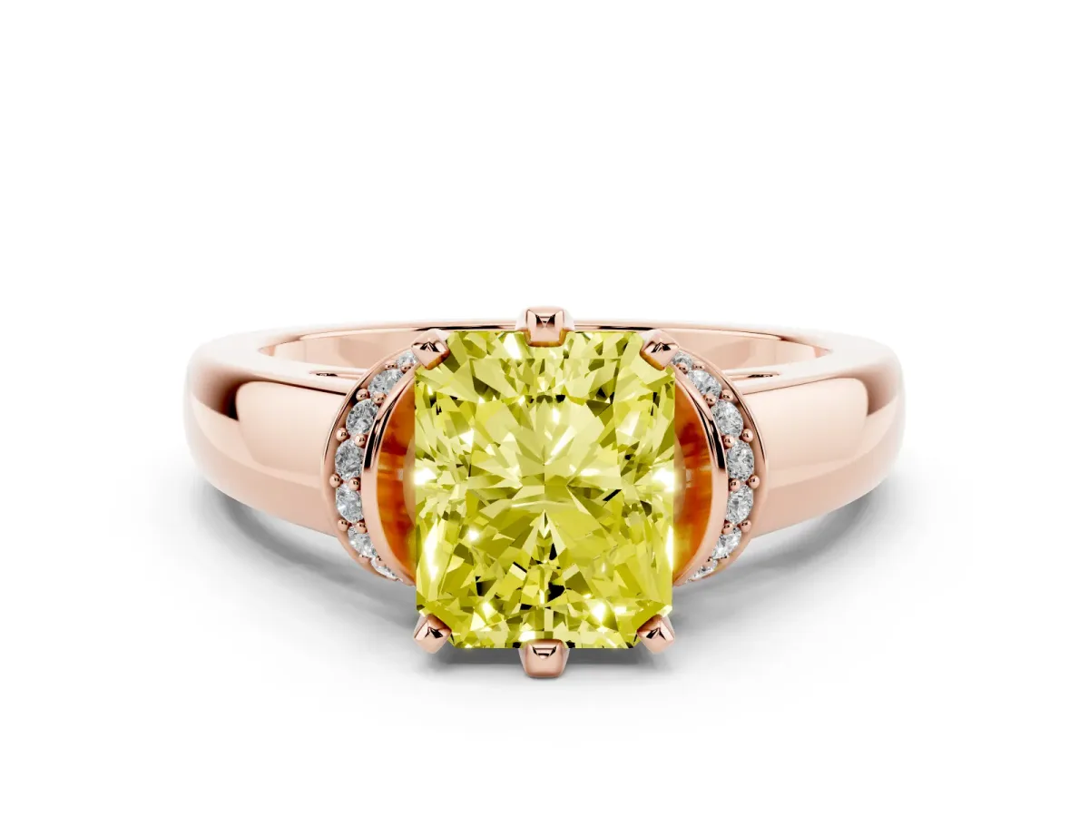 Fancy Yellow Radiant Cut Diamond Pavé Band Solitaire Ring Set in Rose gold with Prong Setting