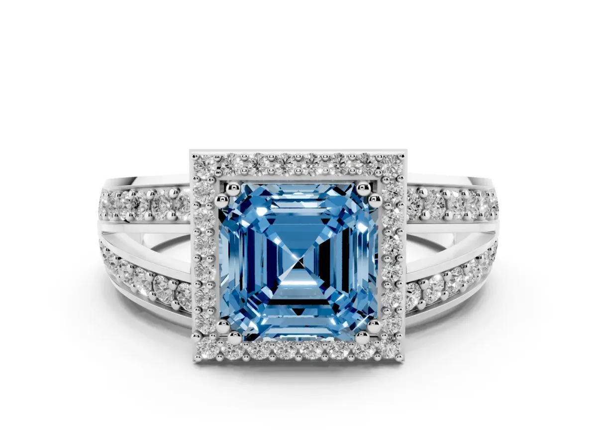 Fancy Blue Asscher Cut Diamond Halo Ring Set in Platinum with Double Pavé Split Shank