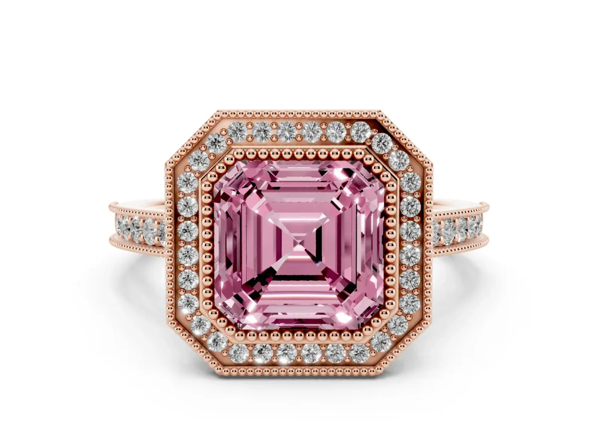 Fancy Pink Asscher Cut Diamond Halo Milgrain Pavé Band Ring Set in Rose gold with Prong Setting