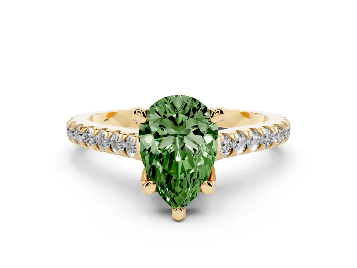 Fancy Green Pear Cut Diamond Solitaire Ring Set in Yellow gold with Brilliant Pavé Band and Prong Setting