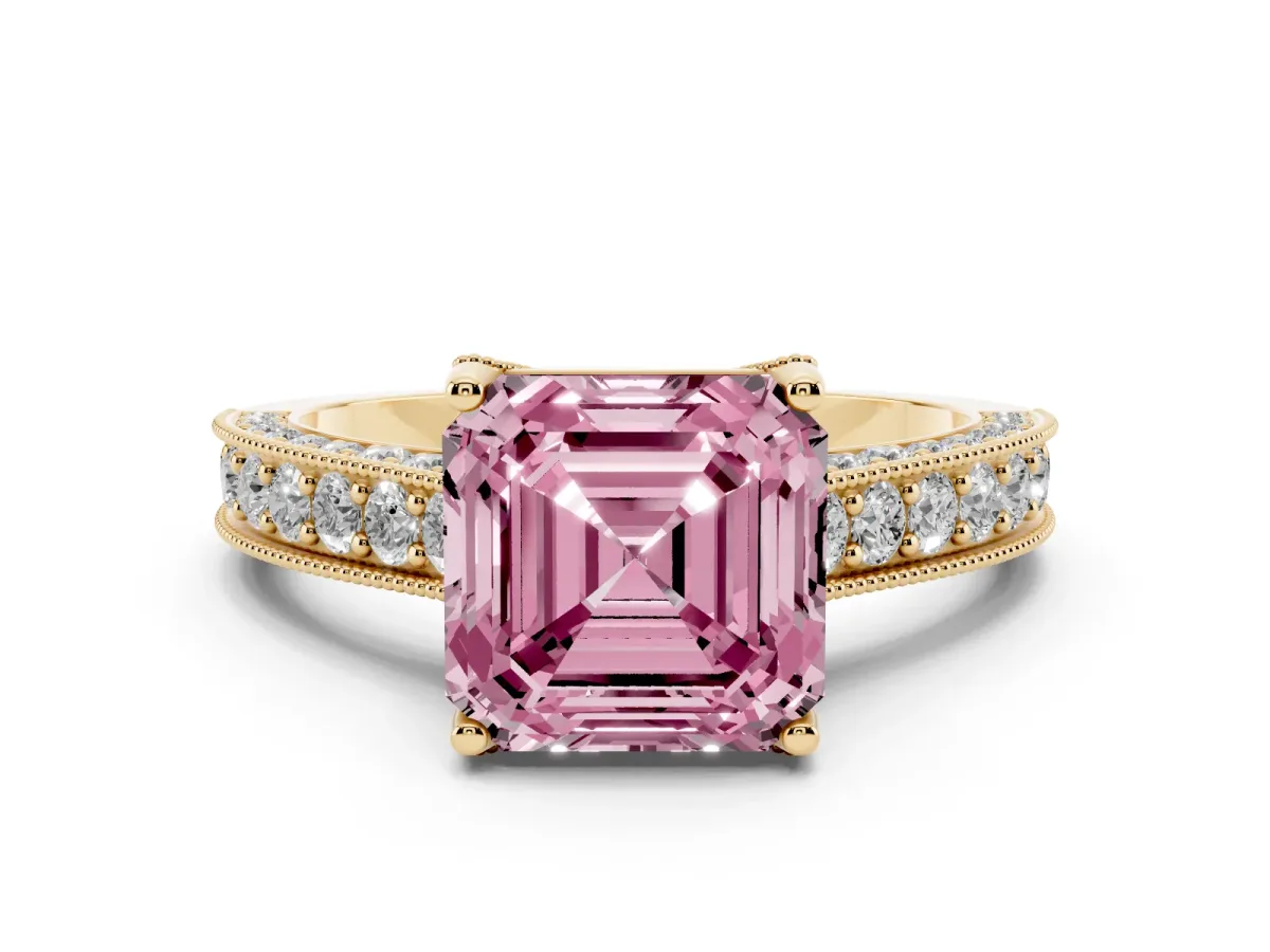 Fancy Pink Asscher Cut Diamond Solitaire Ring Set in Yellow gold with Milgrain-Edged Pavé Band and Prong Setting