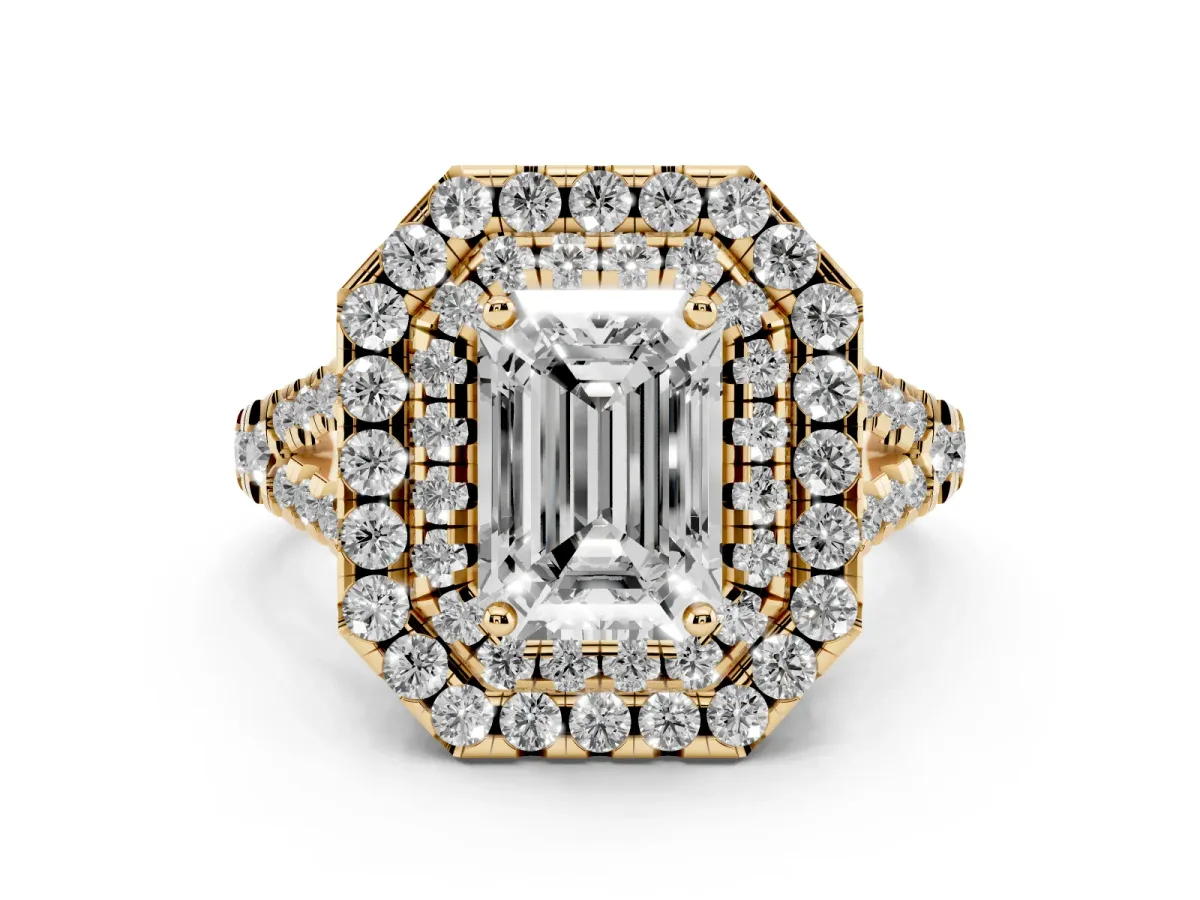 Emerald Cut Diamond Double Halo Ring Set in Yellow gold with Pavé Split Shank and Prong Setting