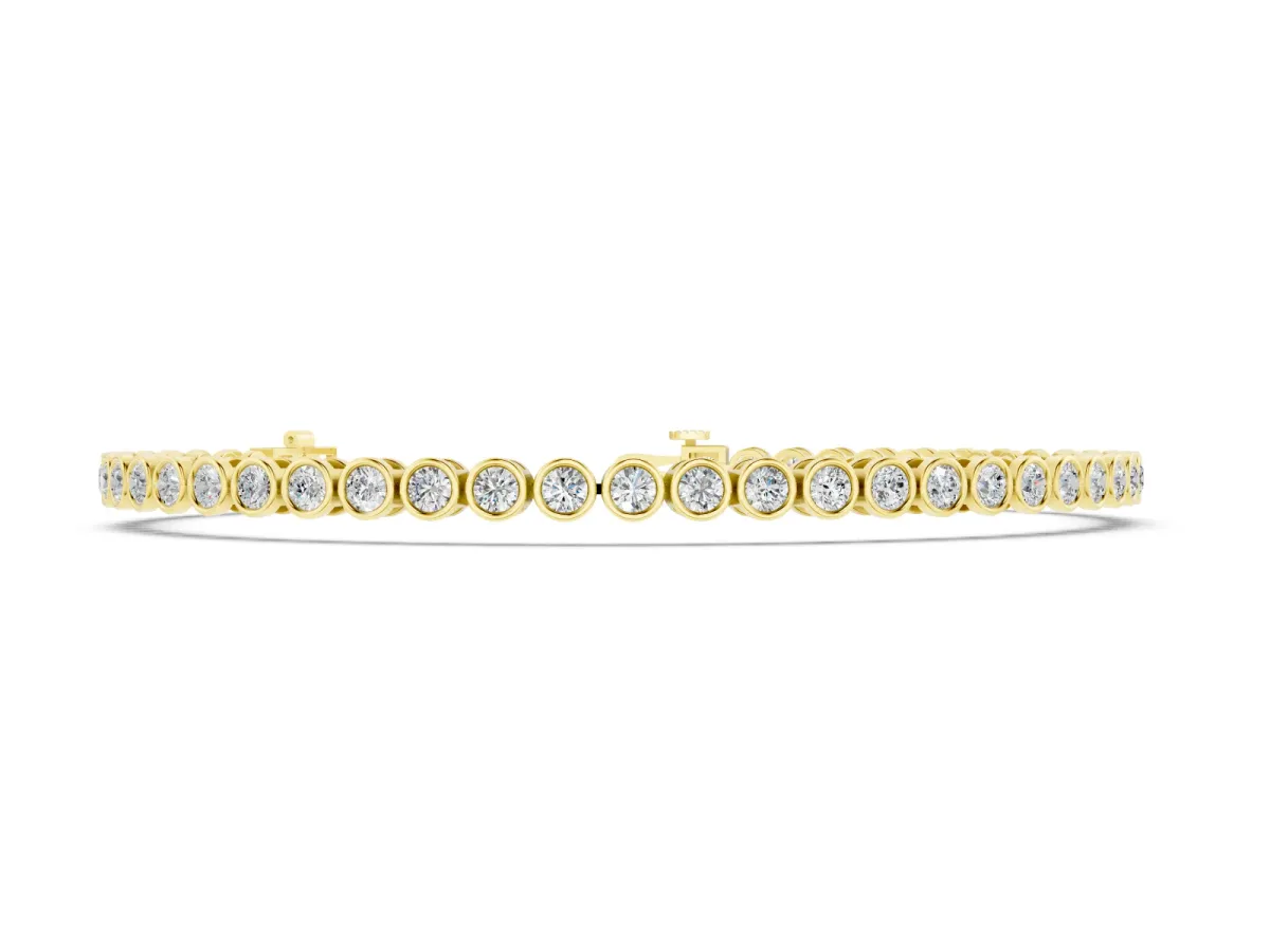 Round Diamond Bezel Set Tennis Bracelet Set in Yellow gold with Polished Band and Box Clasp